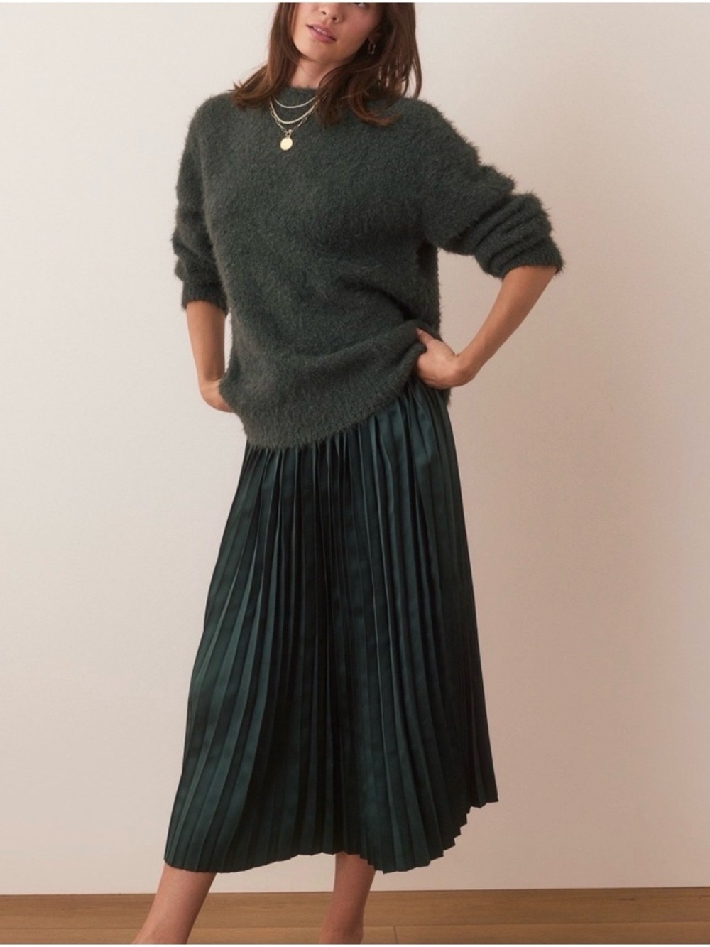 Marine Layer Green Pleated Satin Maxi Skirt Size XL - Picture 5 of 5